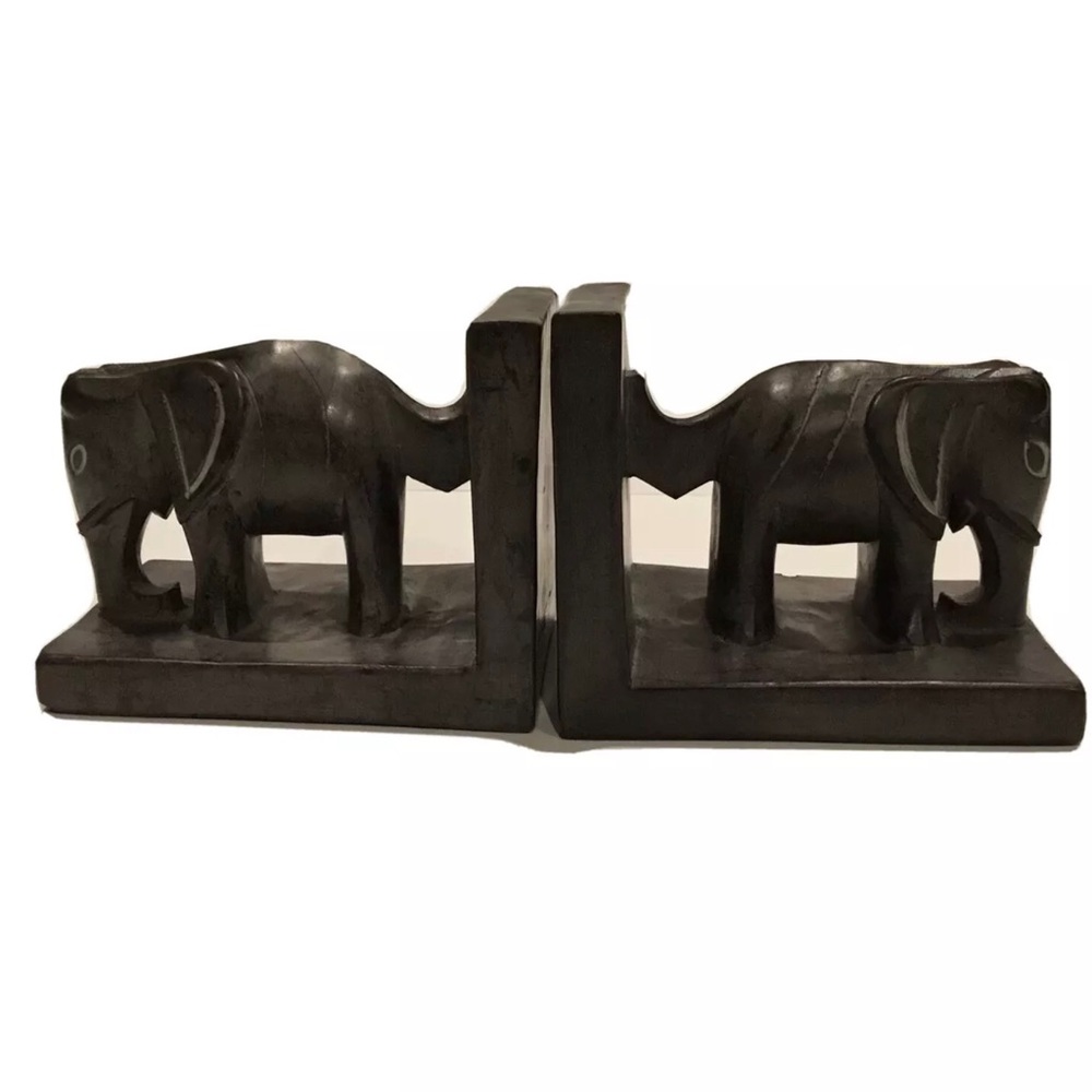 Elephant Bookends Carved Soap Stone  Vintage Pair  Gray